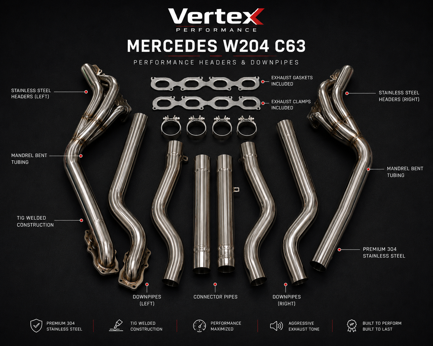 Mercedes W204 C63 AMG Performance Long Tube Headers & Downpipes